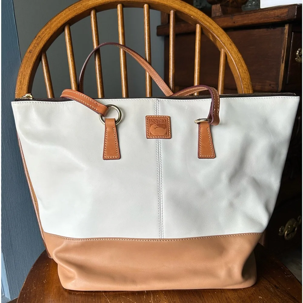 EUC Dooney & Bourke Smooth Leather Tobi Tote - Beige & Tan w/ Fuchsia Interior - Picture 1 of 16